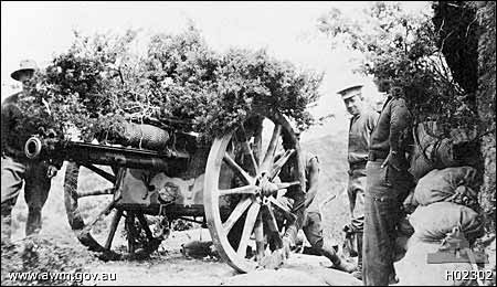 Australian 18lb gun of the 9th Brigade under
              camouflage at Gallipoli